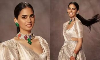 Manish Malhotra designed a real silver zardozi lehenga for Isha Ambani at Anant Radhika’s wedding, and Kim Kardashian is seen posing with her